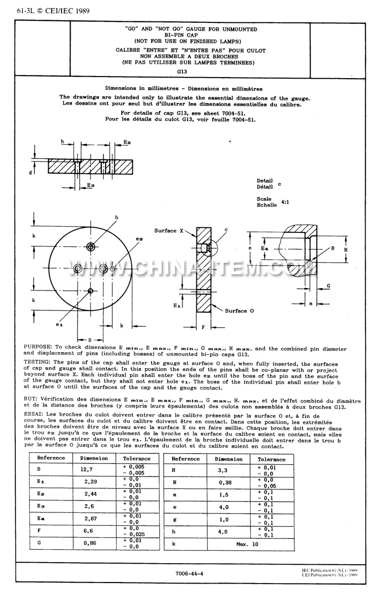 G13 Go and Not Go Gauge for Unmounted Bi-pin Cap Gauge Testing (Not for use on Finished Lamps)