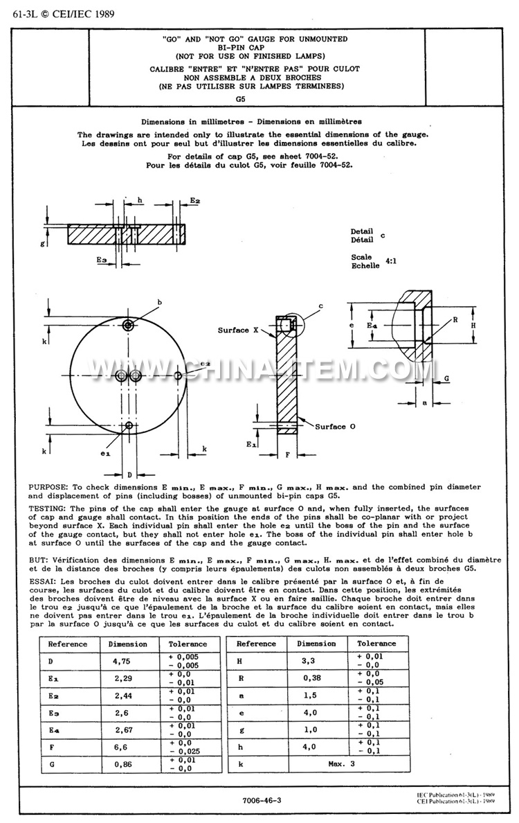 G5 Go and Not Go Gauge for Unmounted Bi-pin Cap Not for Use on Finished Lamps