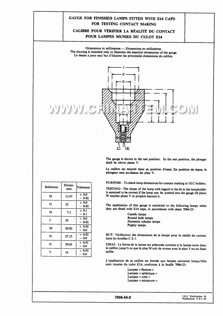 E14 Gauge for Finished Lamps Fitted with Caps for Testing Contact Making